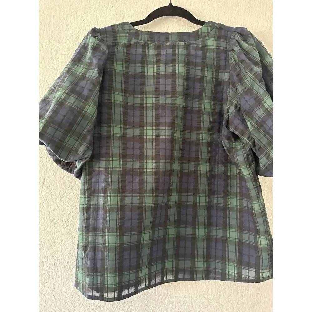 Loft Plaid Textured Tartan Green Blue Puff Short Sleeve Blouse V-Neck Sz Medium
